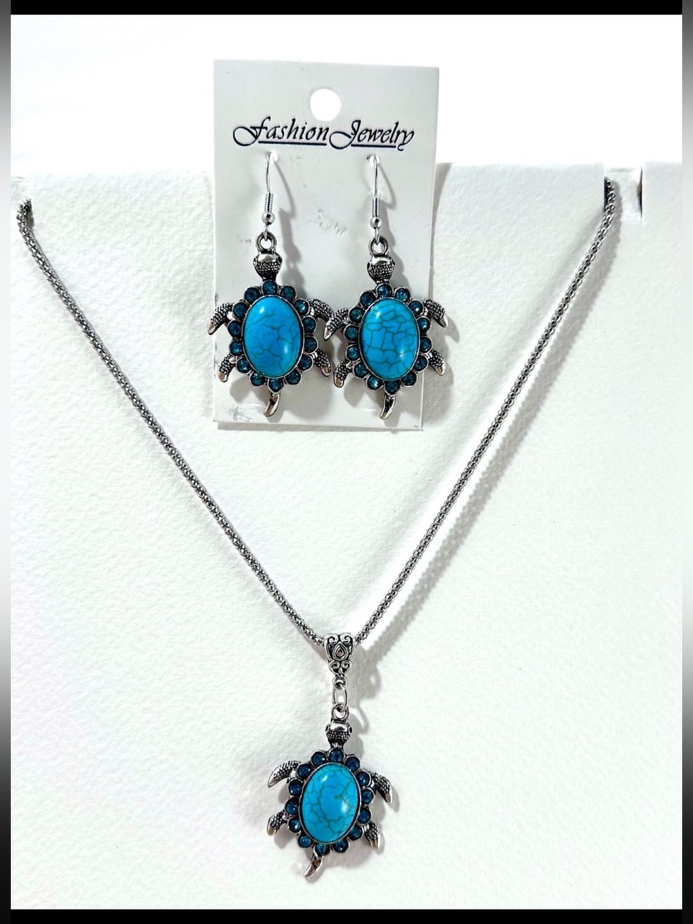 NWT Turquoise Sea Turtle Necklace & Earrings Jewelry Set Boho Silver Tone